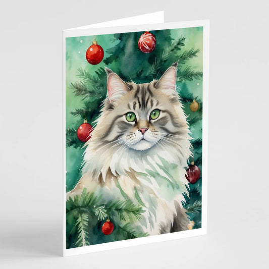 Caroline's Treasures -Siberian Cat by the Christmas Tree Greeting Cards -8 Pack