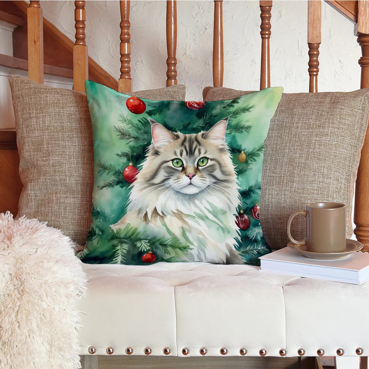 Caroline’s Treasures Siberian Cat by the Christmas Tree 14” x 14” Throw Pillow