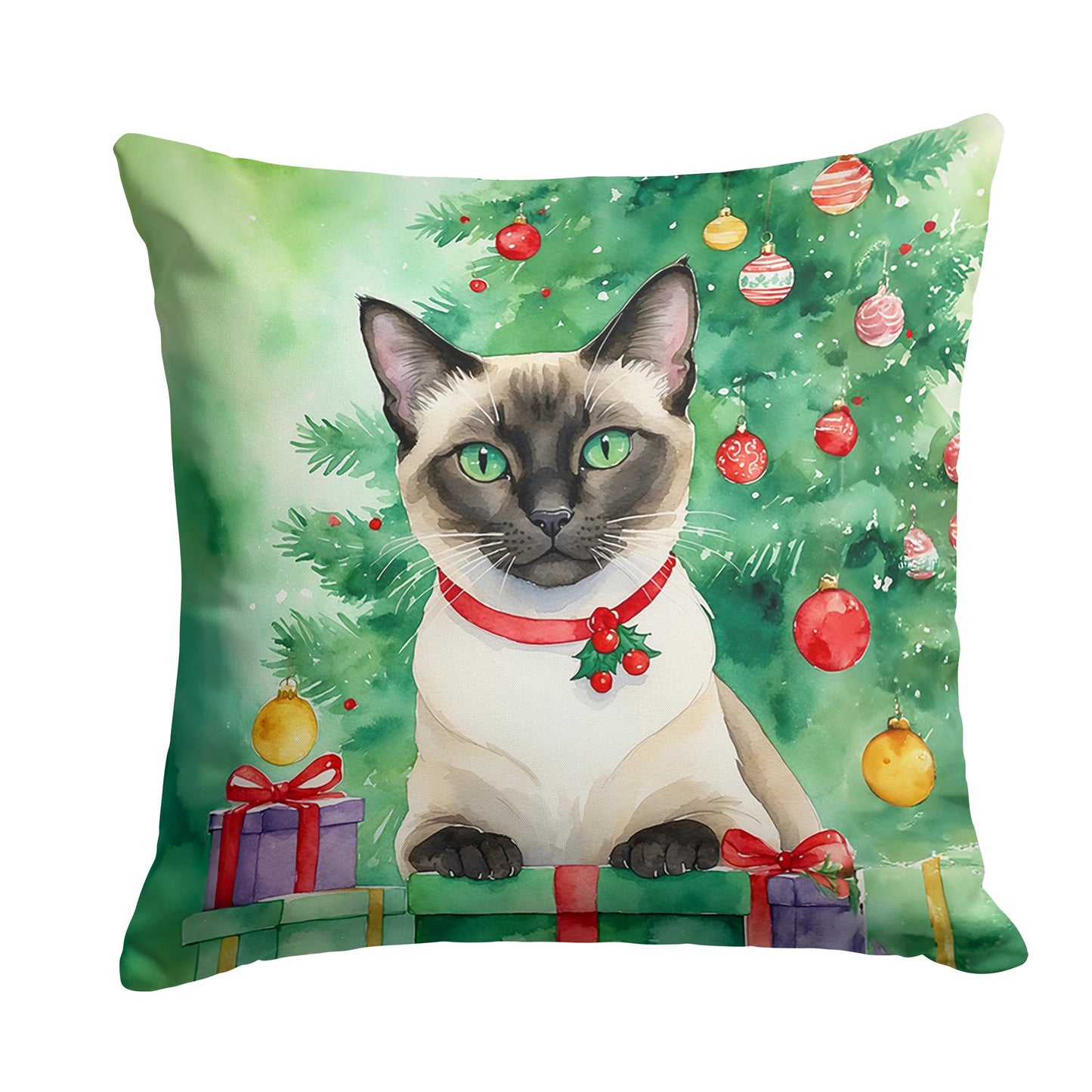 Caroline’s Treasures Siamese Cat by the Christmas Tree 14” x 14” Throw Pillow