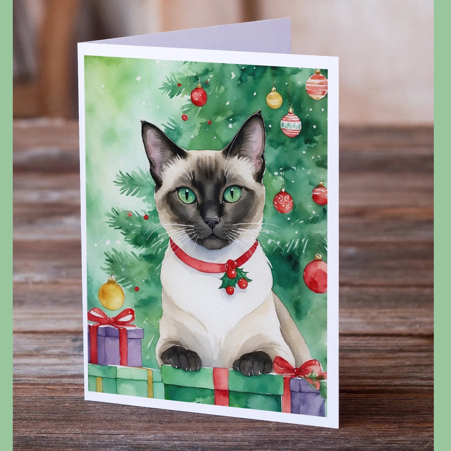 Caroline's Treasures Siamese Cat by the Christmas Tree Greeting Cards -8 Pack