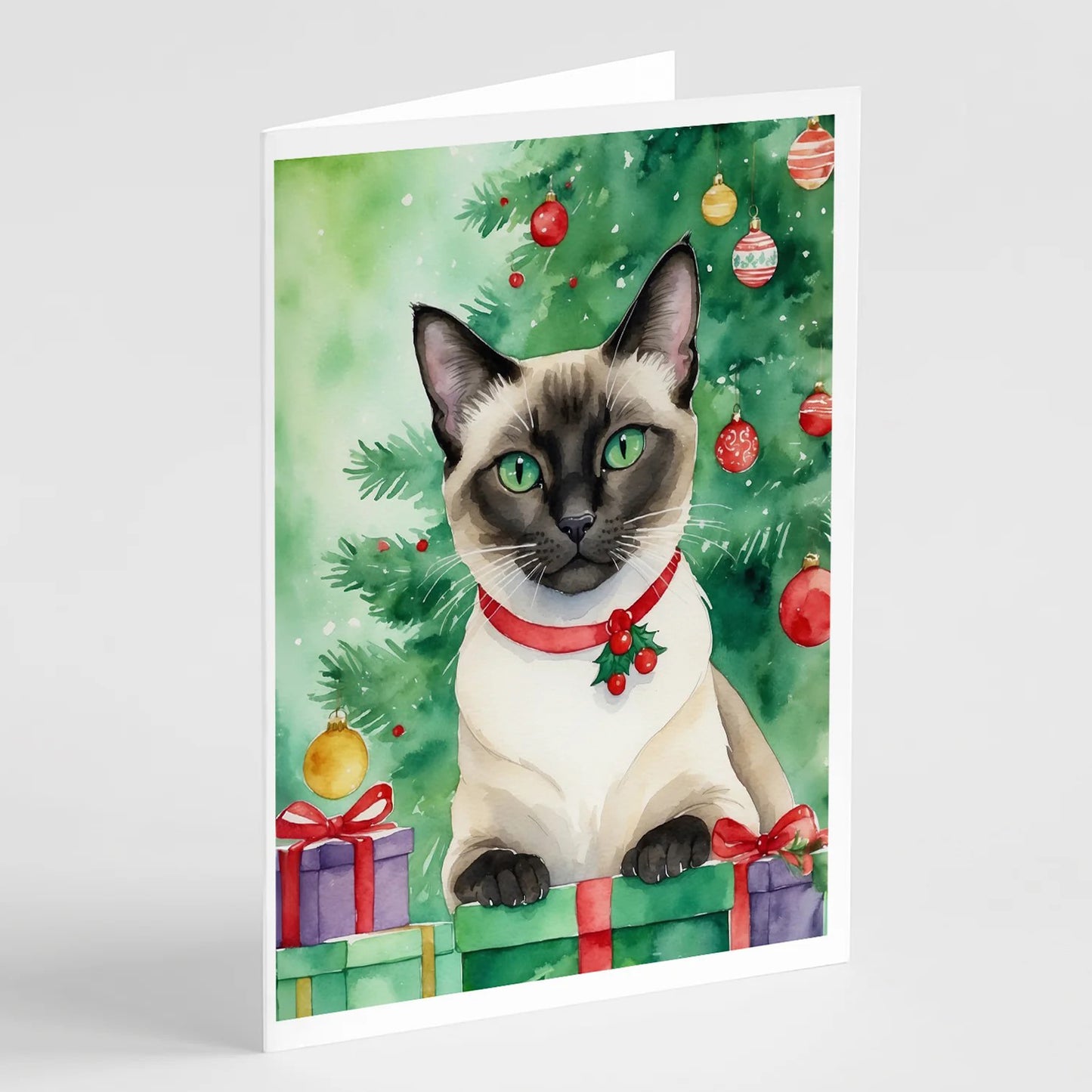 Caroline's Treasures Siamese Cat by the Christmas Tree Greeting Cards -8 Pack