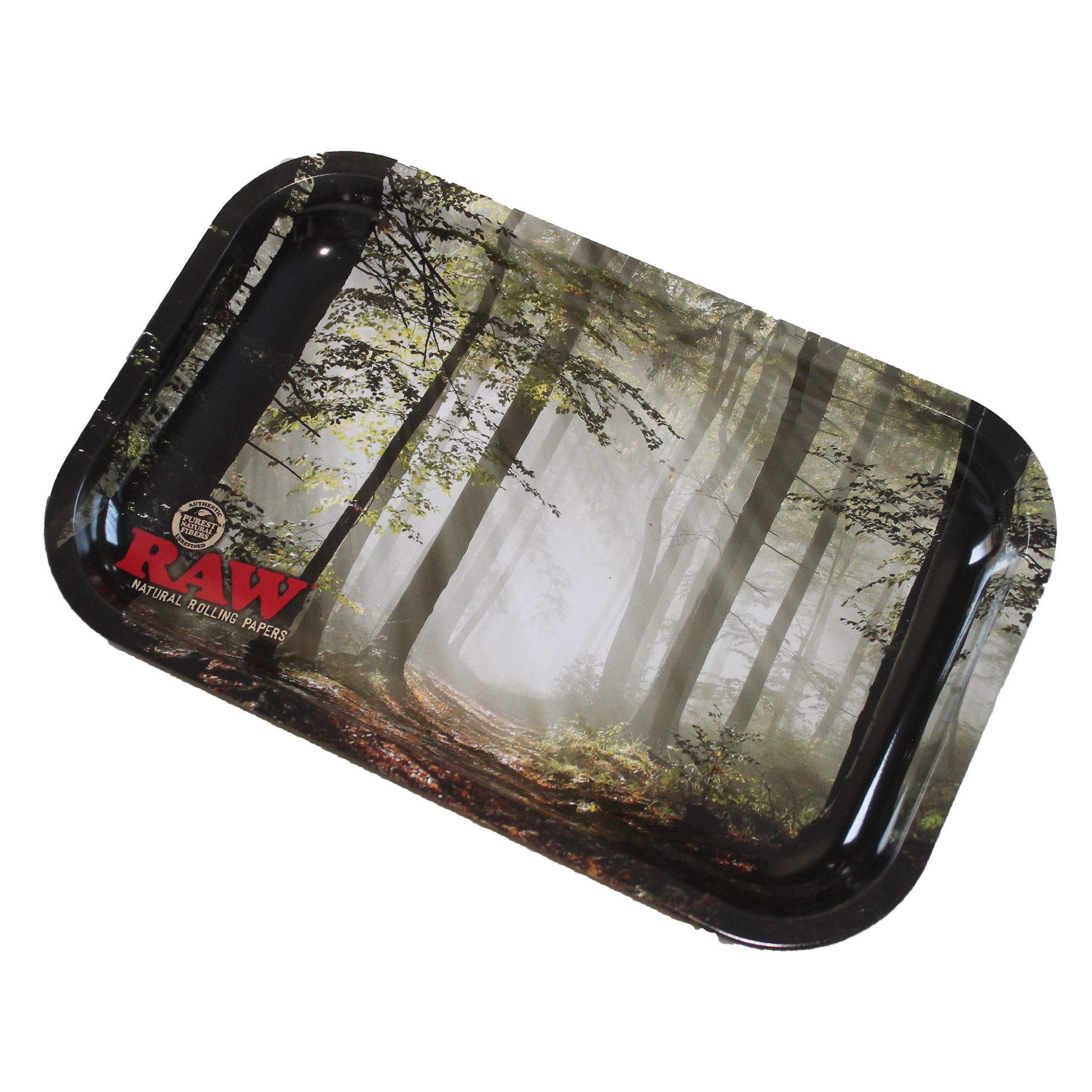 RAW Smokey Forest Rolling Tray with Magnetic Lid – Small size 11x7x1 inches, forest-themed metal tray