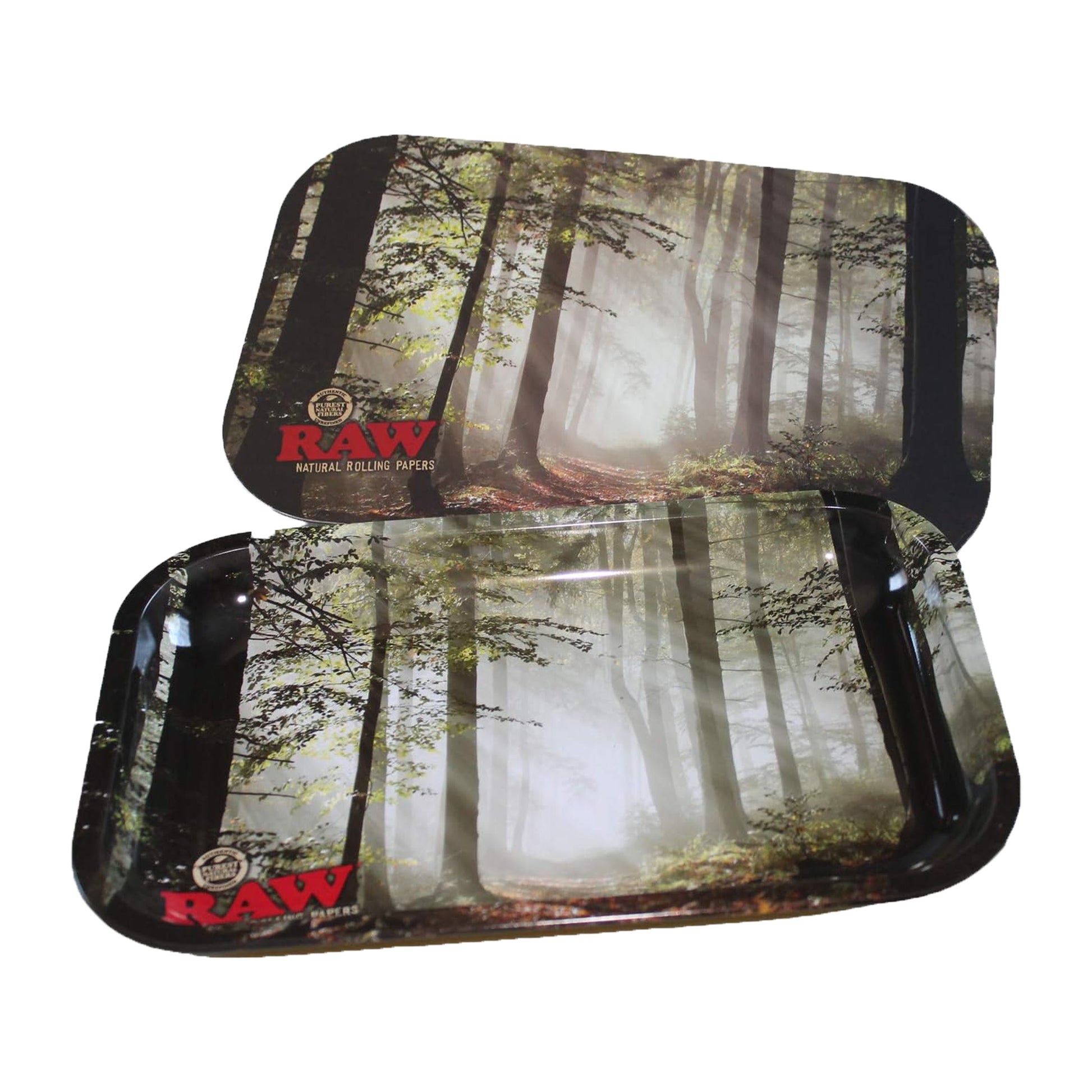 RAW Smokey Forest Rolling Tray with Magnetic Lid – Small size 11x7x1 inches, forest-themed metal tray
