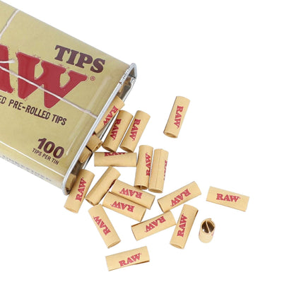 RAW Pre-Rolled Tips Tin – 100 natural, unbleached tips in a reusable slide-top metal case