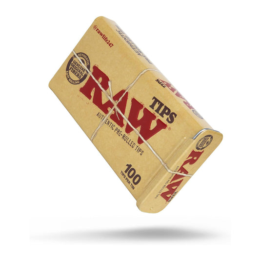 RAW Pre-Rolled Tips Tin – 100 natural, unbleached tips in a reusable slide-top metal case