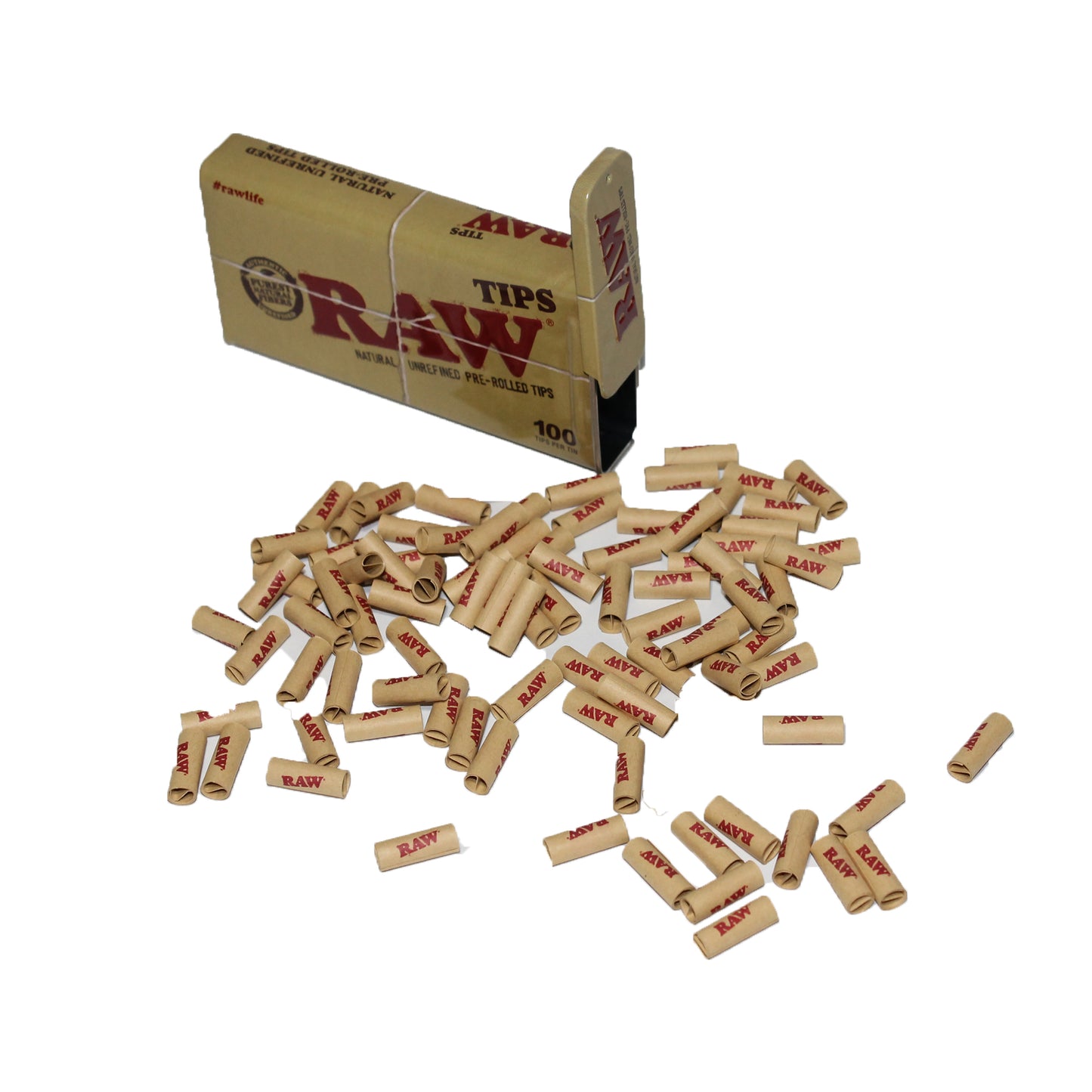 RAW Pre-Rolled Tips Tin – 100 natural, unbleached tips in a reusable slide-top metal case